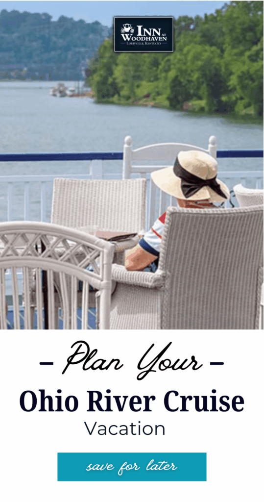 River cruise with wicker chairs and a person in a wide-brimmed hat overlooking the water; Ohio River Cruise vacation.