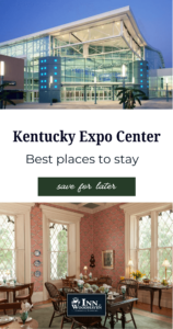 Exterior of the Kentucky Expo Center and interior dining room with pink walls and dark wood tables and chairs at the Inn at Woodhaven