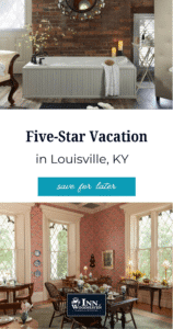 Two images of a bed and breakfast. Top image is of a freestanding white bathtub with red brick wall in background. Bottom image is of a formal dining room with pink walls and dark wood tables and chairs.