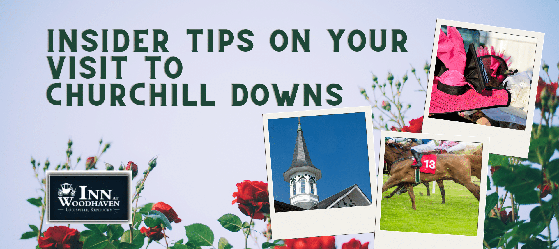 Background of red roses with three Polaroid photos of horses, a pink derby hat, and Churchill Downs silver spire.