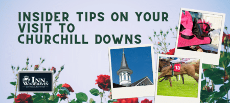 Background of red roses with three Polaroid photos of horses, a pink derby hat, and Churchill Downs silver spire.
