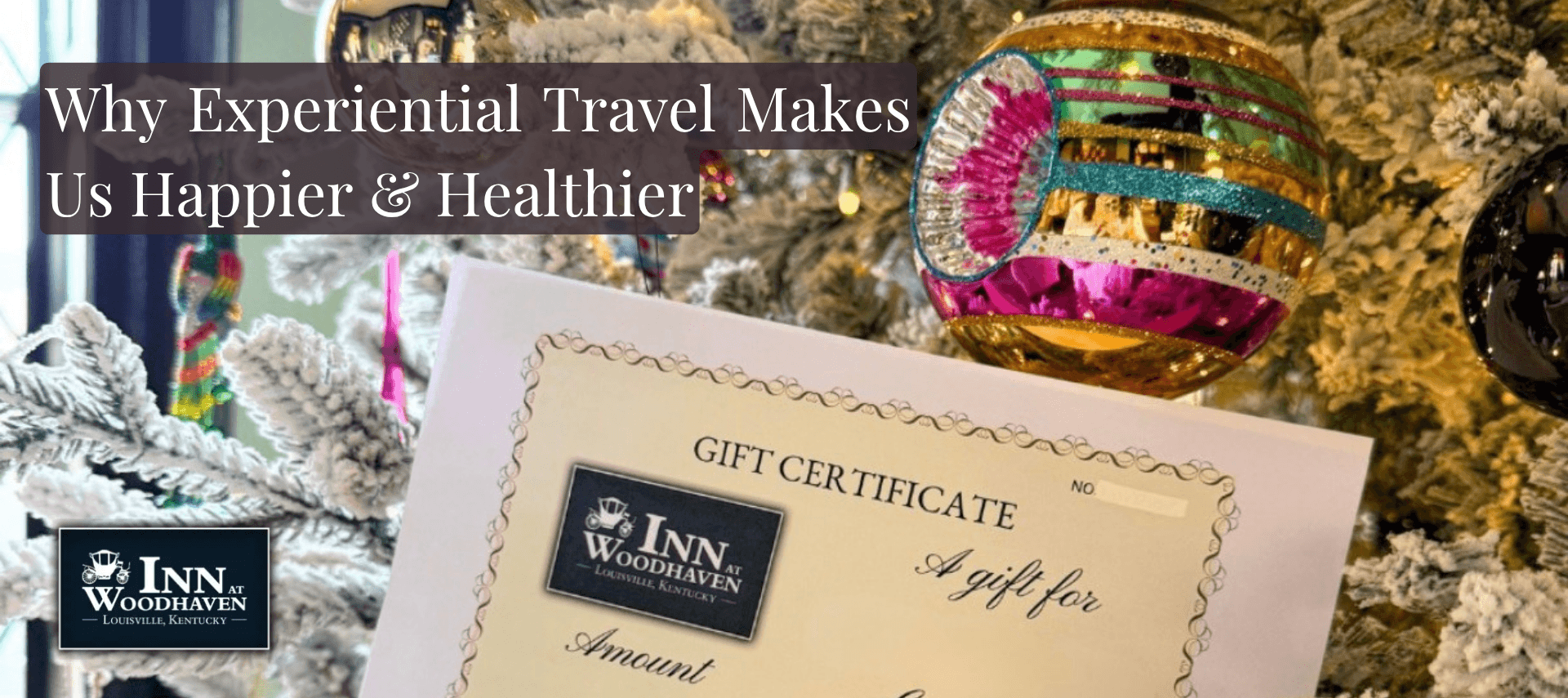 A flocked Christmas tree with midcentury glass ornaments and a gift certificate for the Inn at Woodhaven Bed and Breakfast in Louisville, Kentucky