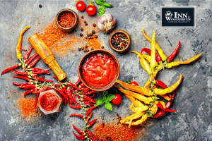 A grey concrete surface with a variety of red and yellow chili peppers, tomatoes, and garlic.