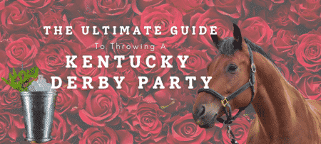Brown horse head and mint julep in a silver cup against a red rose background.