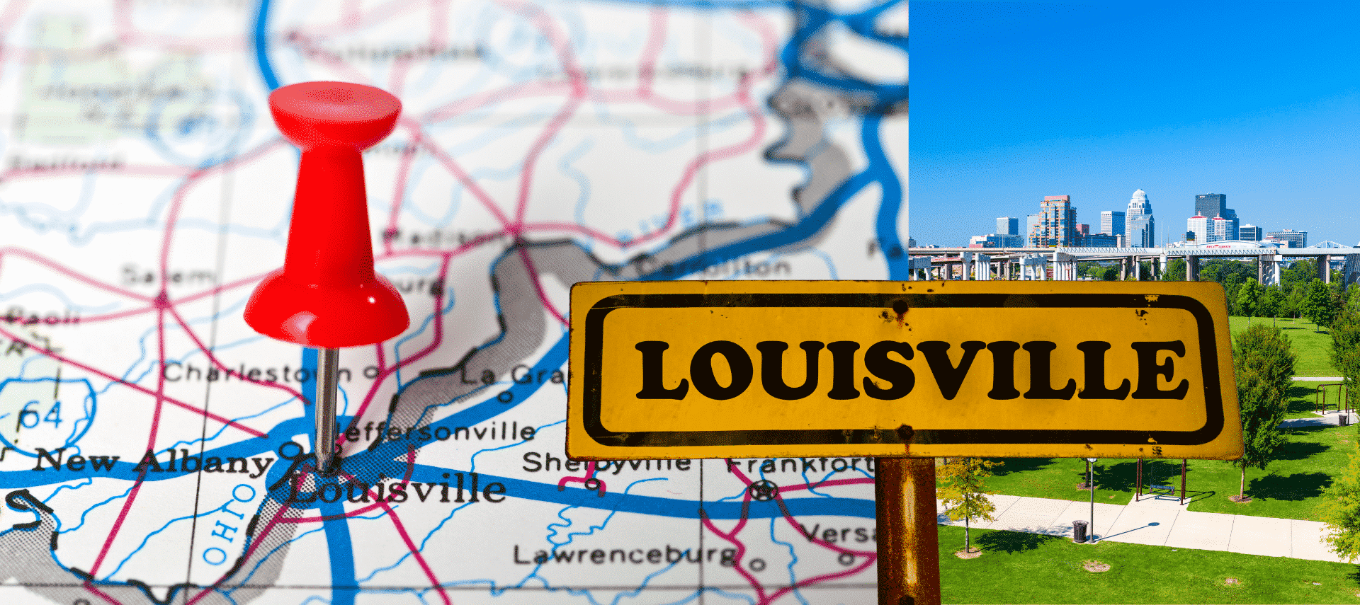 Road map with a red pushpin in the center of Louisville. A picture on the right side is of the Louisville skyline.
