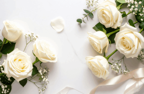 White roses with baby's breath on a white marble background, tied with a pale ribbon.