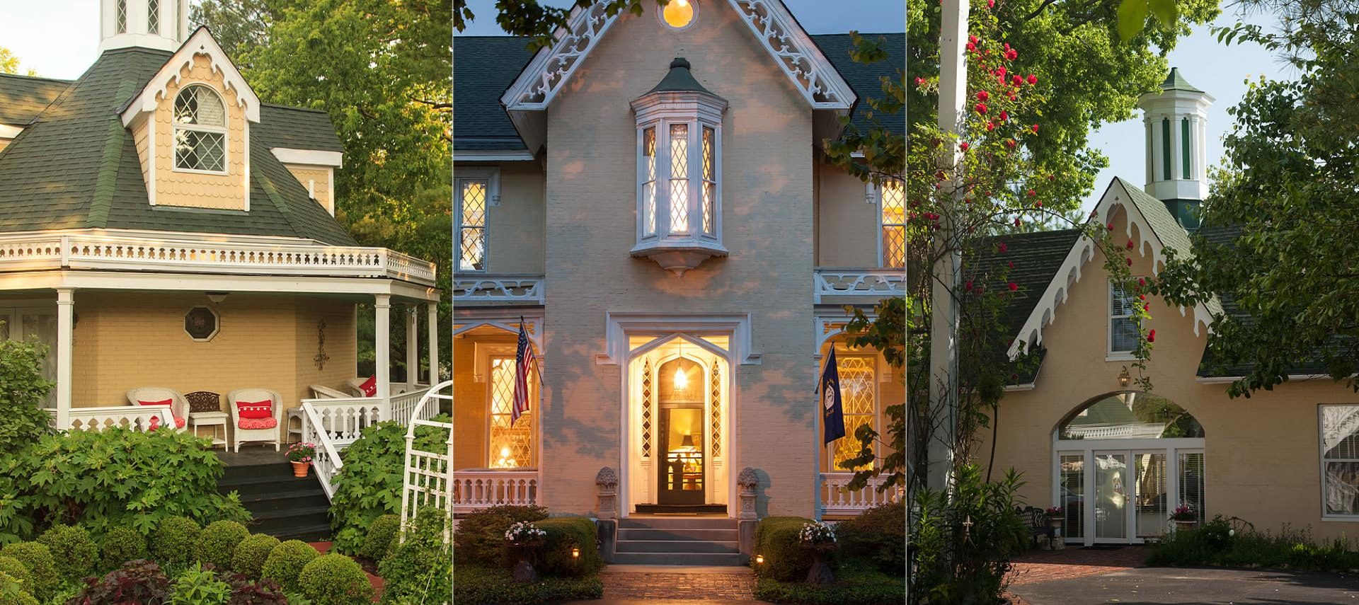 Three frames each showing the exterior view of the property painted cream with white trim